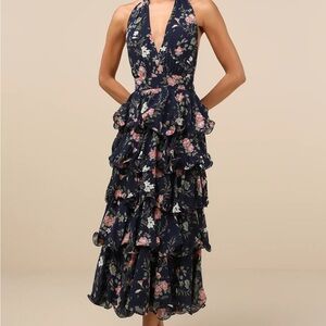 Lulu's Navy Floral Tiered Midi Dress